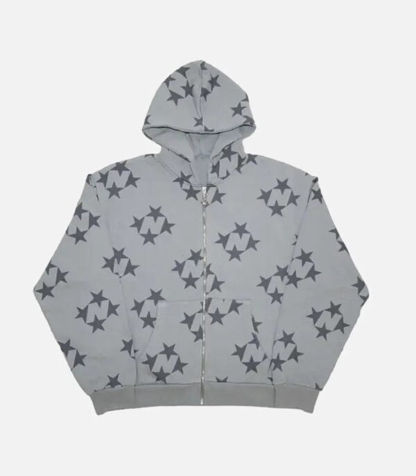 99Based Star Print Zip Hoodie Grey